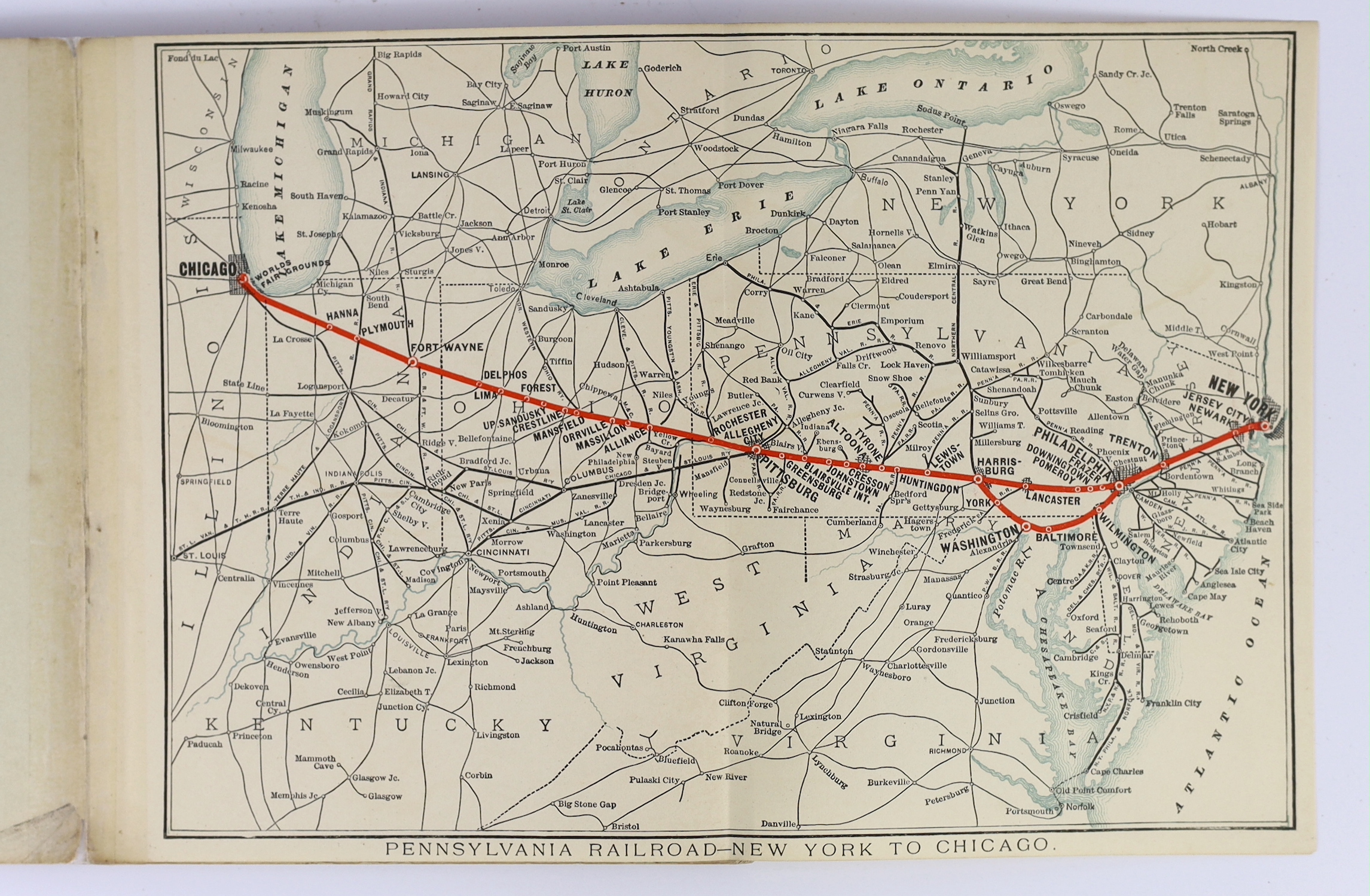 Pennsylvania Railroad Company - Pennsylvania Railroad to the Columbian Exposition....frontis., folded map and 6 plans (5 folded, outline colour), num. text illus. (some full page); original printed wrappers. Philadelphia
